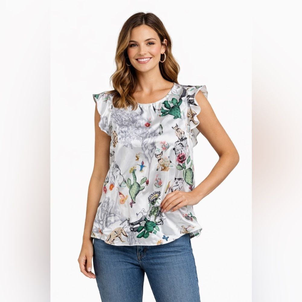 KOCH Women's The Erica Top Satin Rare Print Blouse Western Desert Size Small